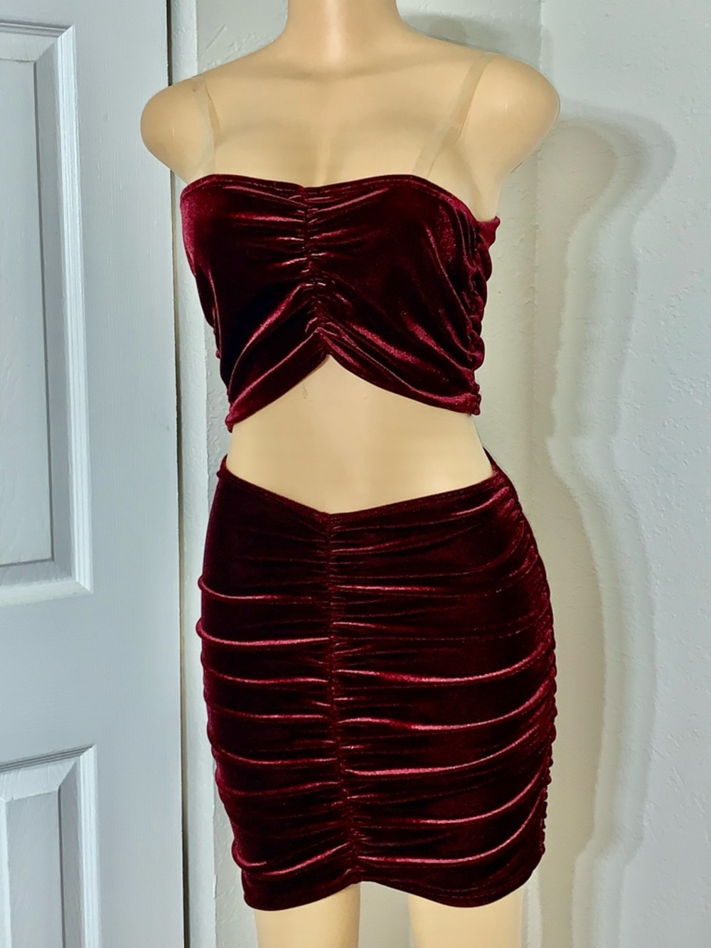 Velvet Ruched Burgundy Two-Piece Set